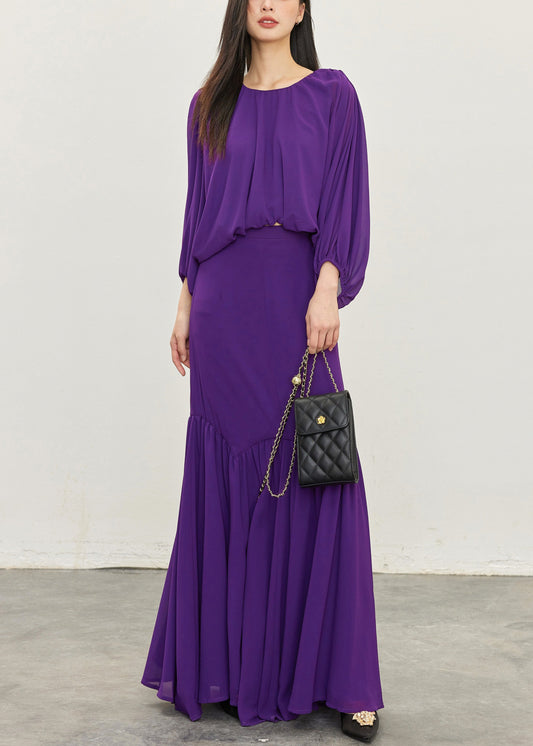 Elegant Purple Wrinkled Tops And Skirts Chiffon Two Pieces Set Batwing Sleeve