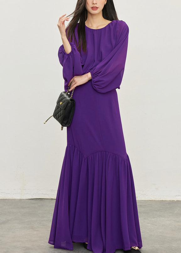 Elegant Purple Wrinkled Tops And Skirts Chiffon Two Pieces Set Batwing Sleeve