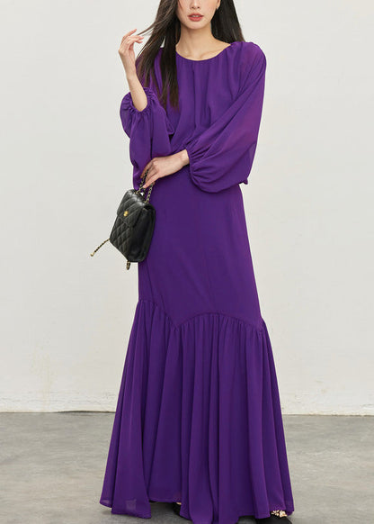 Elegant Purple Wrinkled Tops And Skirts Chiffon Two Pieces Set Batwing Sleeve