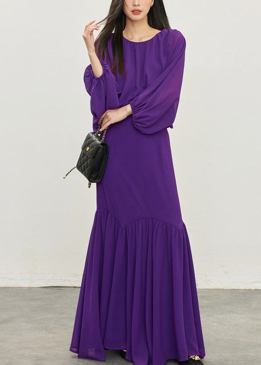 Elegant Purple Wrinkled Tops And Skirts Chiffon Two Pieces Set Batwing Sleeve