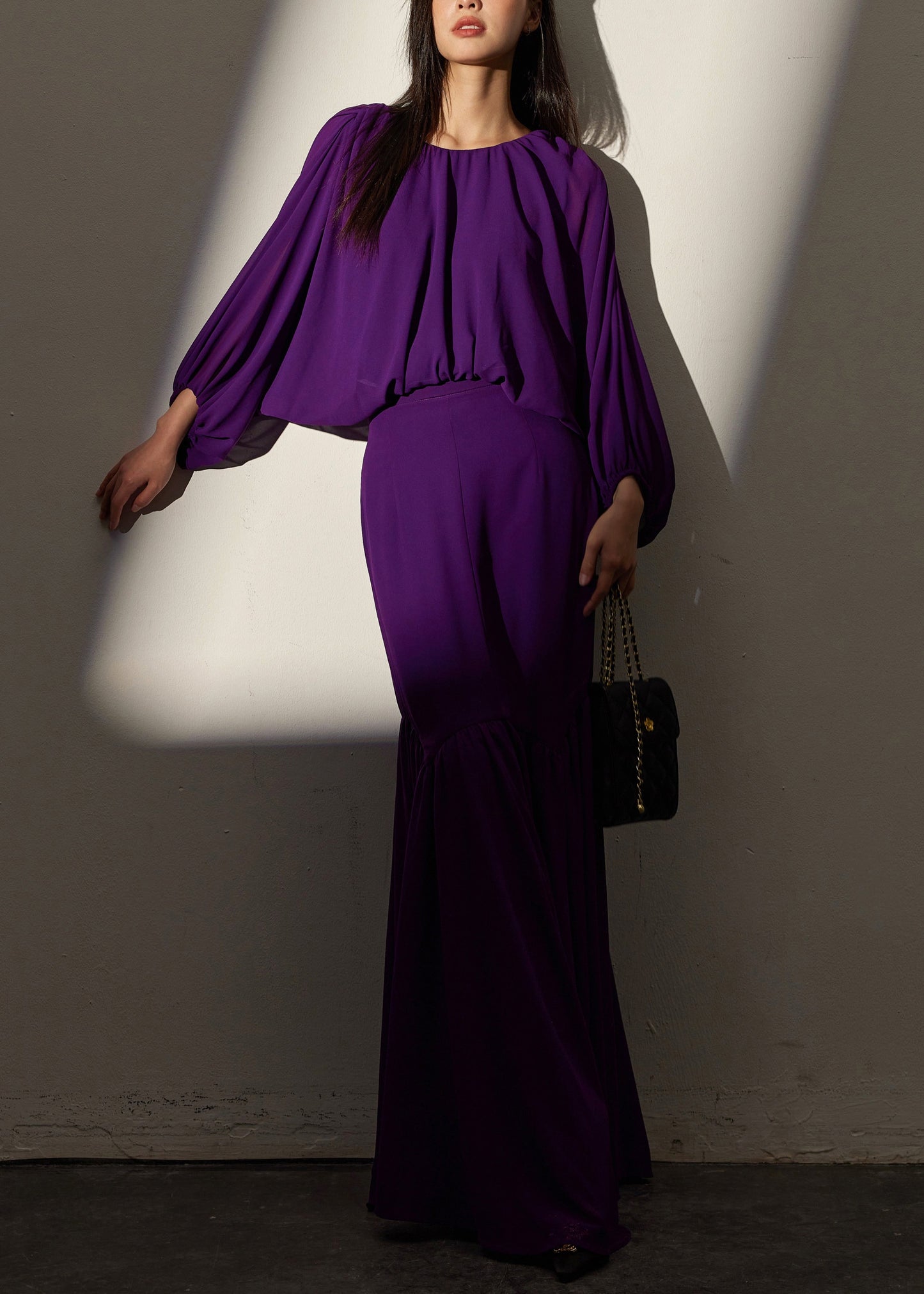 Elegant Purple Wrinkled Tops And Skirts Chiffon Two Pieces Set Batwing Sleeve