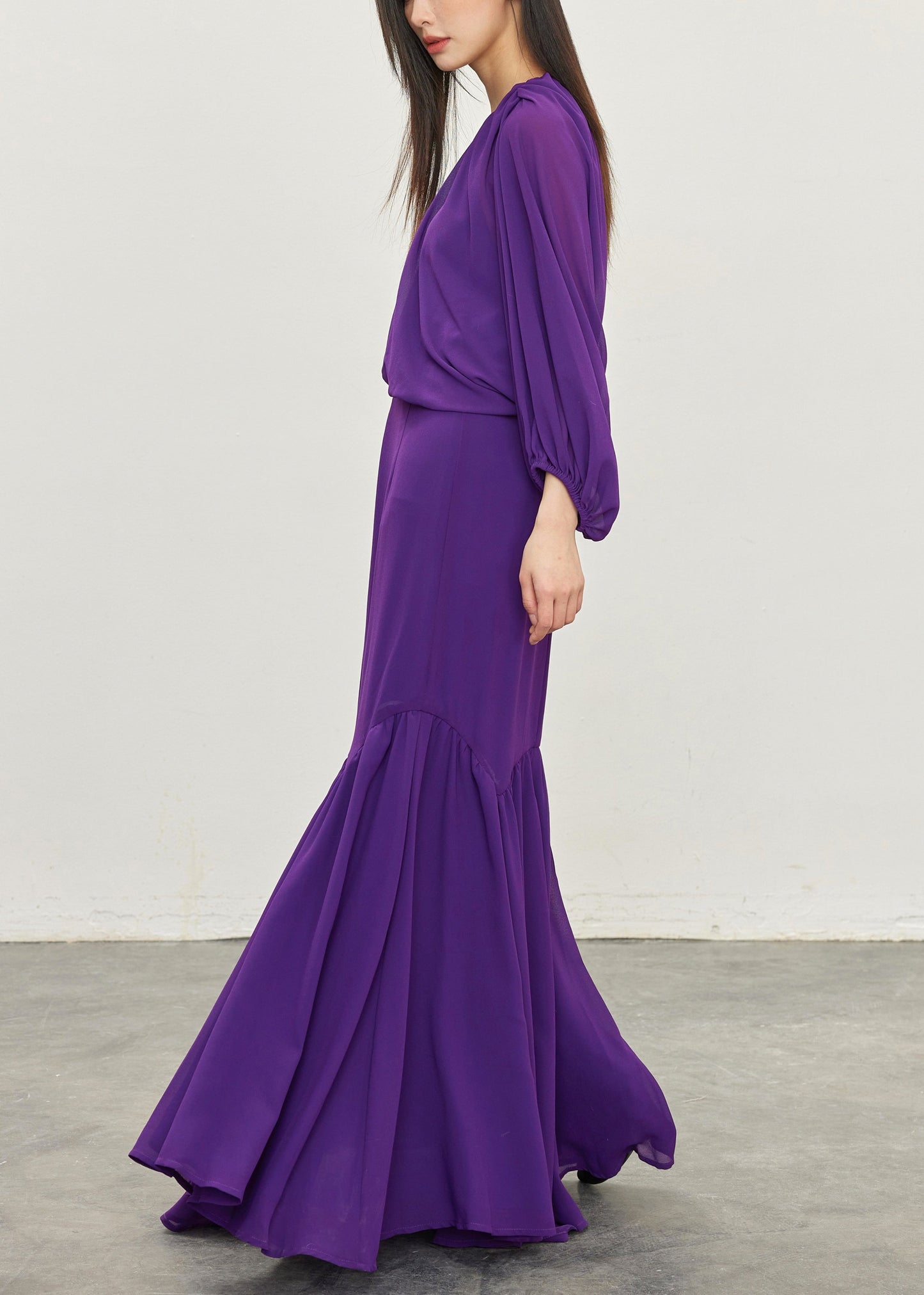 Elegant Purple Wrinkled Tops And Skirts Chiffon Two Pieces Set Batwing Sleeve