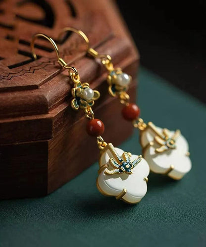 Elegante Regenbogen Sterling Silber Overgild Jade Perle Emaille Floral Tropfen Ohrringe