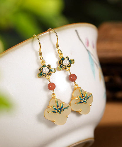 Elegante Regenbogen Sterling Silber Overgild Jade Perle Emaille Floral Tropfen Ohrringe