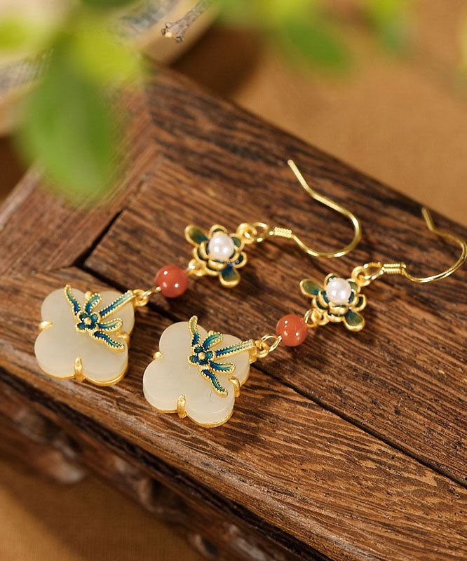 Elegante Regenbogen Sterling Silber Overgild Jade Perle Emaille Floral Tropfen Ohrringe