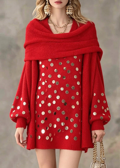 Elegant Red Asymmetrical Sequins Cotton Knit Sweater Lantern Sleeve