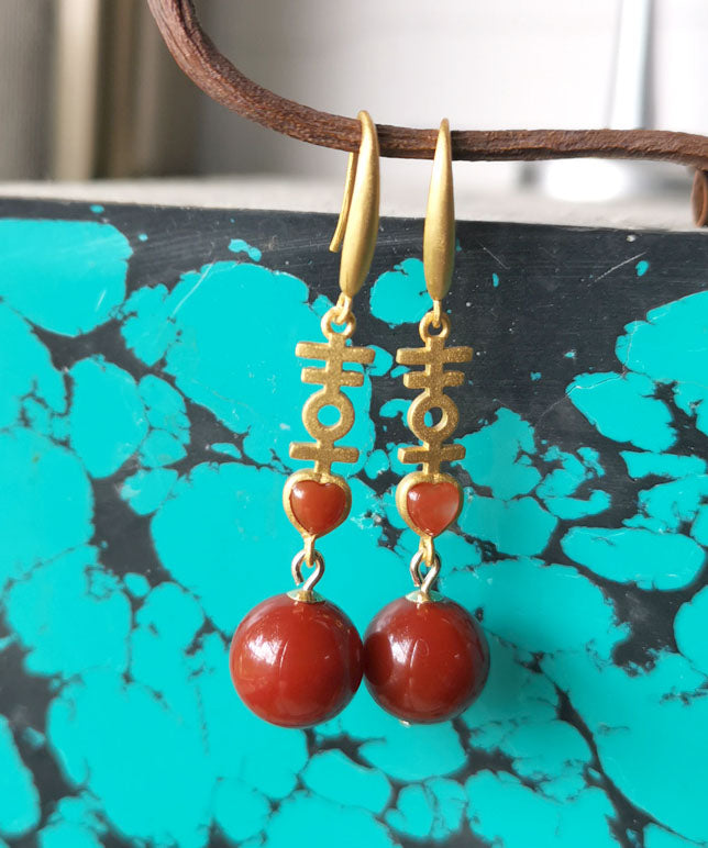 Elegantes pendientes colgantes "Doble Felicidad" de plata de ley con incrustaciones de ágata y cinabrio rojo