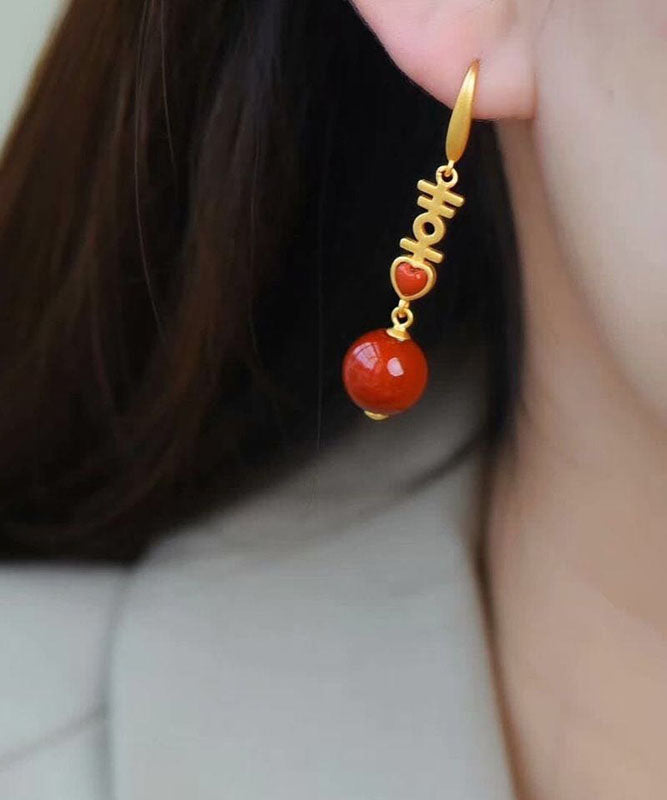 Elegantes pendientes colgantes "Doble Felicidad" de plata de ley con incrustaciones de ágata y cinabrio rojo