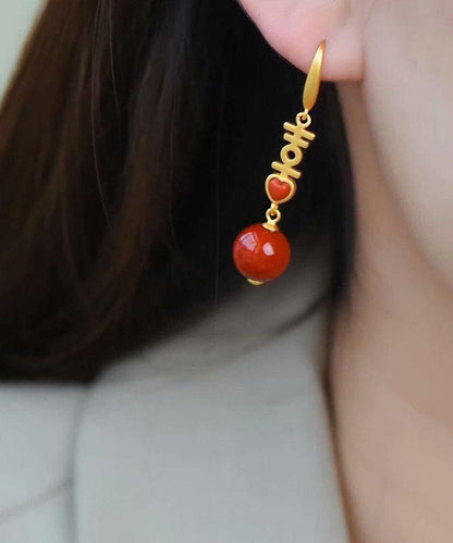 Elegantes pendientes colgantes "Doble Felicidad" de plata de ley con incrustaciones de ágata y cinabrio rojo