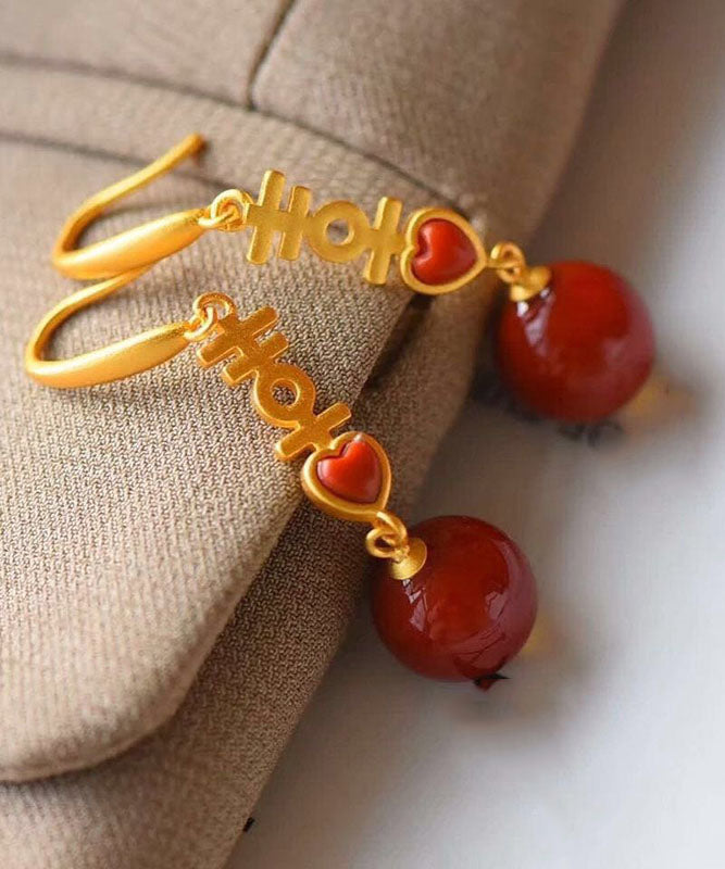 Elegantes pendientes colgantes "Doble Felicidad" de plata de ley con incrustaciones de ágata y cinabrio rojo