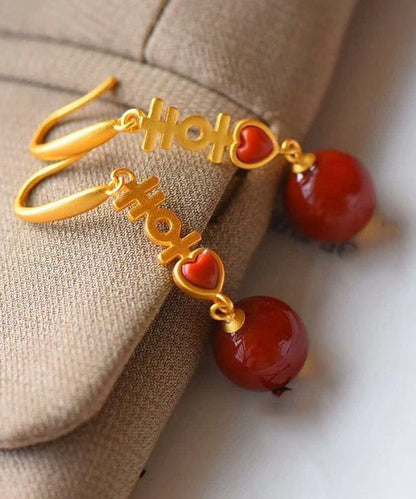 Elegantes pendientes colgantes "Doble Felicidad" de plata de ley con incrustaciones de ágata y cinabrio rojo