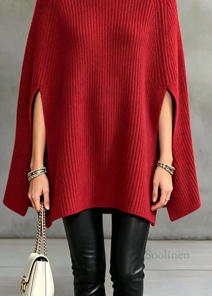 Elegant Red Half Hign Neck Thick Knit Sweater Cape Fall