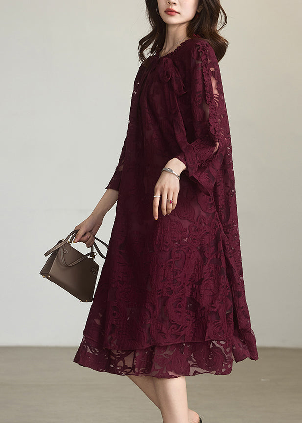 Elegant Red O-Neck Floral Chiffon Maxi Dress Fall