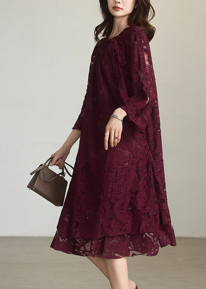 Elegant Red O-Neck Floral Chiffon Maxi Dress Fall
