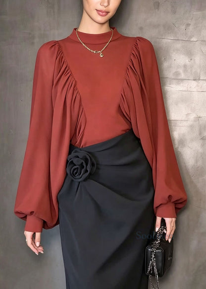 Elegant Red O Neck Patchwork Chiffon Shirt Top Lantern Sleeve