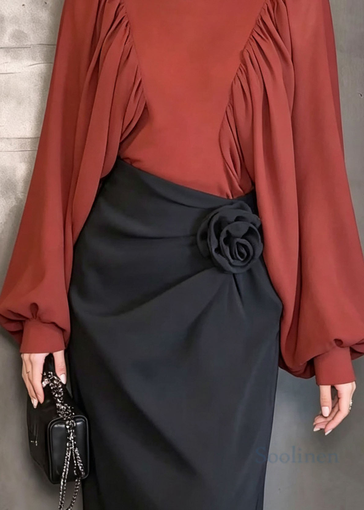 Elegant Red O Neck Patchwork Chiffon Shirt Top Lantern Sleeve