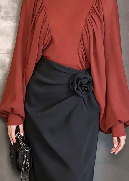 Elegant Red O Neck Patchwork Chiffon Shirt Top Lantern Sleeve