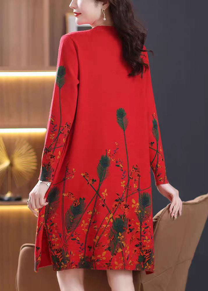 Elegantes rotes Strickkleid mit Rundhalsausschnitt und Print für den Frühling