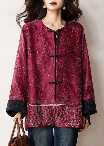 Elegant Red Sequins Patchwork Pockets Coats Winter