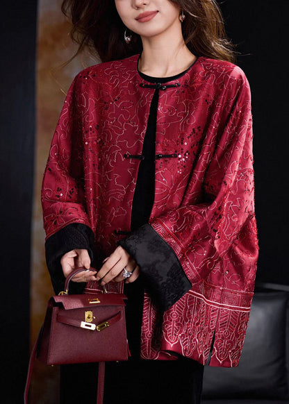 Elegant Red Sequins Patchwork Pockets Coats Winter