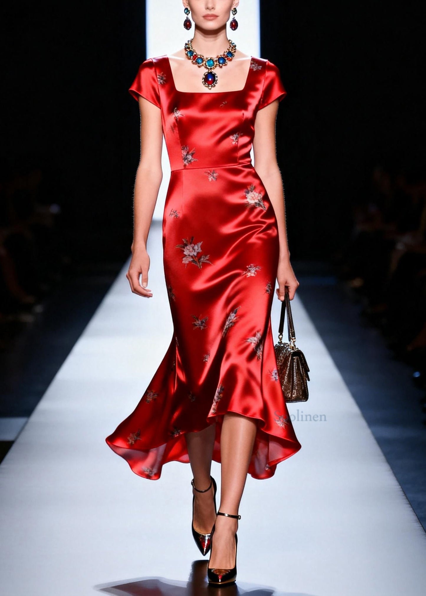 Elegant Red Square Collar Jacquard Silk Long Dress Summer