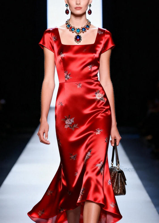 Elegant Red Square Collar Jacquard Silk Long Dress Summer