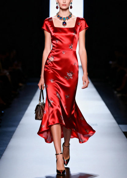 Elegant Red Square Collar Jacquard Silk Long Dress Summer