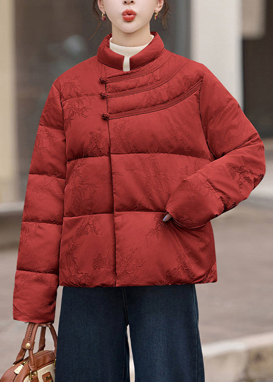 Elegant Red Stand Collar Jacquard Duck Down Puffers Jackets Winter
