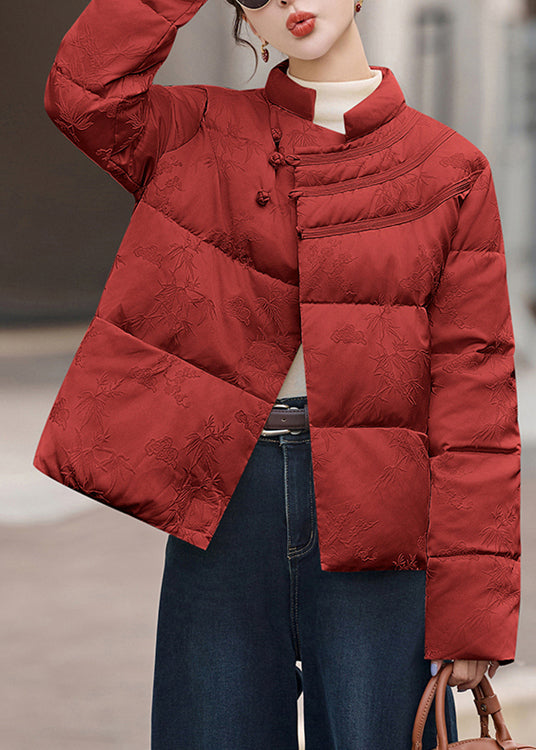 Elegant Red Stand Collar Jacquard Duck Down Puffers Jackets Winter