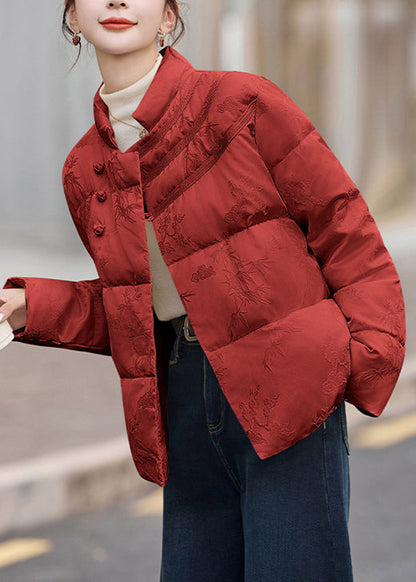 Elegant Red Stand Collar Jacquard Duck Down Puffers Jackets Winter