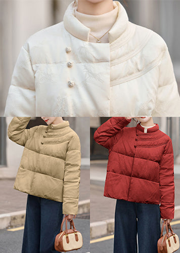 Elegant Red Stand Collar Jacquard Duck Down Puffers Jackets Winter