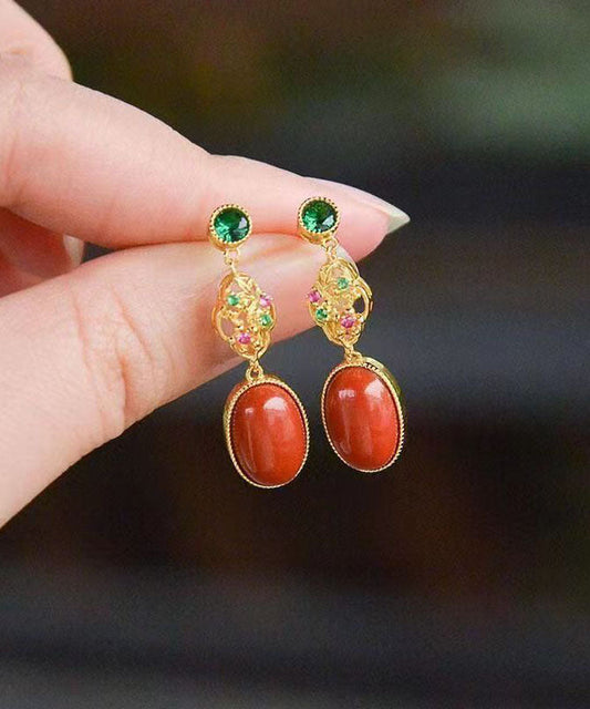 Elegantes pendientes colgantes de ágata y circonitas doradas en plata de ley roja