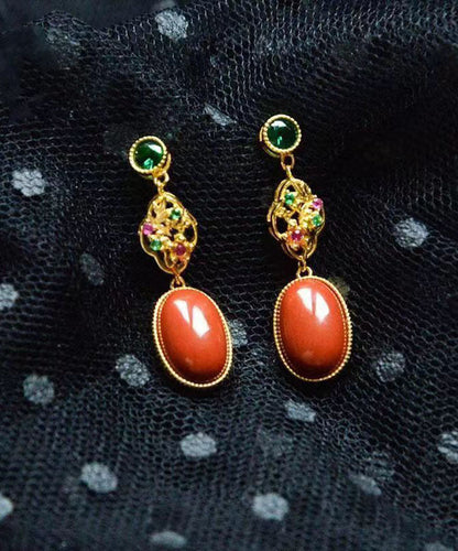 Elegantes pendientes colgantes de ágata y circonitas doradas en plata de ley roja