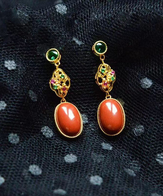 Elegantes pendientes colgantes de ágata y circonitas doradas en plata de ley roja