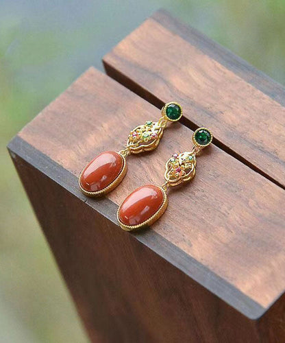 Elegantes pendientes colgantes de ágata y circonitas doradas en plata de ley roja