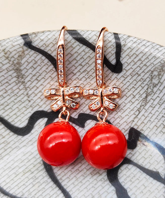 Elegante rote Sterling Silber Overgild Zirkon Schmetterling Kugel Tropfen Ohrringe