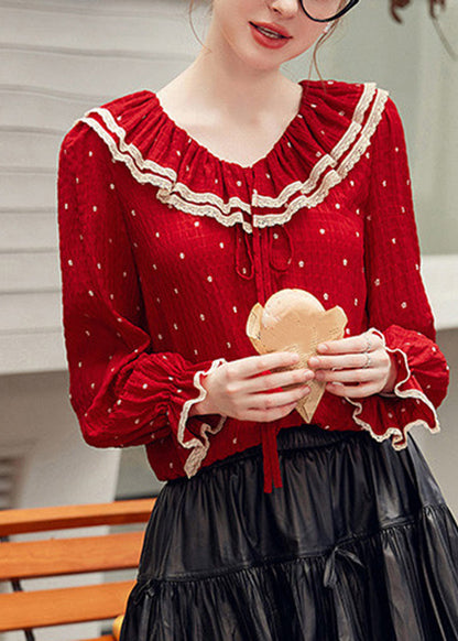 Elegant Red V Neck Dot Patchwork Tie Lace Shirt Spring