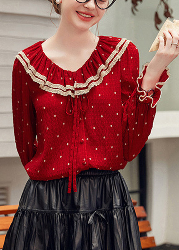 Elegant Red V Neck Dot Patchwork Tie Lace Shirt Spring