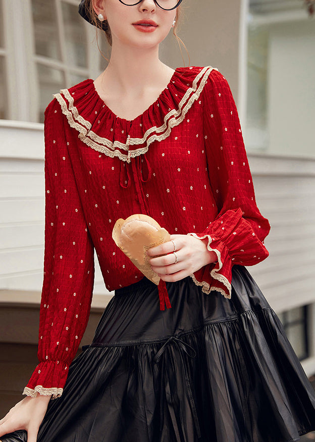 Elegant Red V Neck Dot Patchwork Tie Lace Shirt Spring
