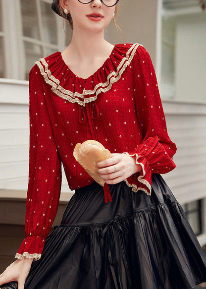 Elegant Red V Neck Dot Patchwork Tie Lace Shirt Spring