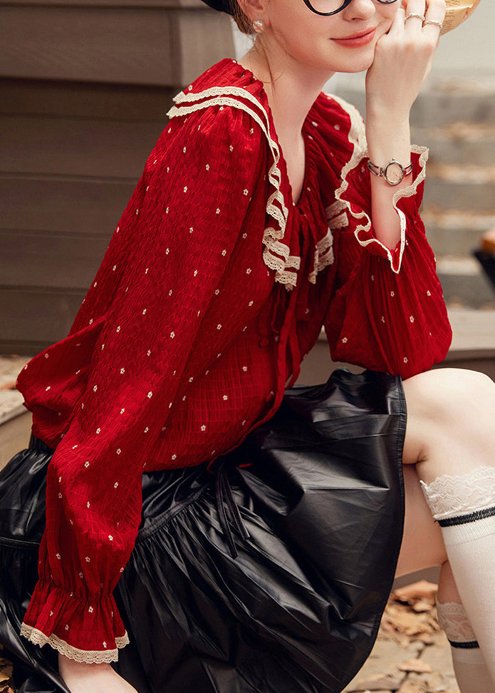 Elegant Red V Neck Dot Patchwork Tie Lace Shirt Spring