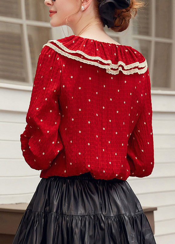 Elegant Red V Neck Dot Patchwork Tie Lace Shirt Spring