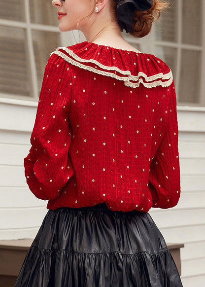 Elegant Red V Neck Dot Patchwork Tie Lace Shirt Spring