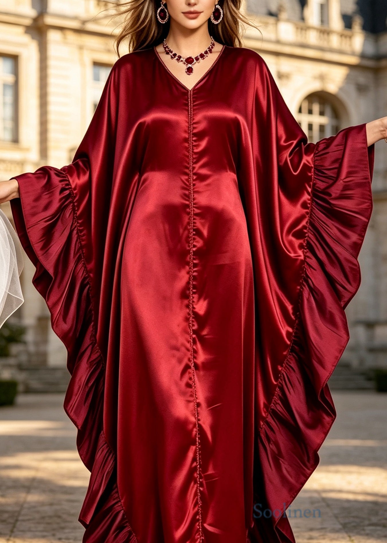 Elegant Red V Neck Ruffled Patchwork Silk Dress Batwing Sleeve