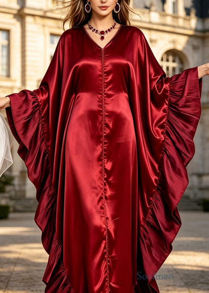 Elegant Red V Neck Ruffled Patchwork Silk Dress Batwing Sleeve