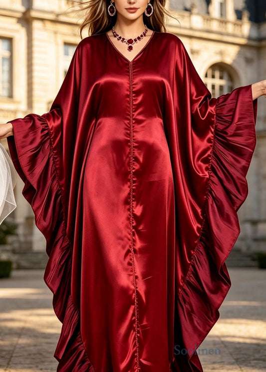 Elegant Red V Neck Ruffled Patchwork Silk Dress Batwing Sleeve