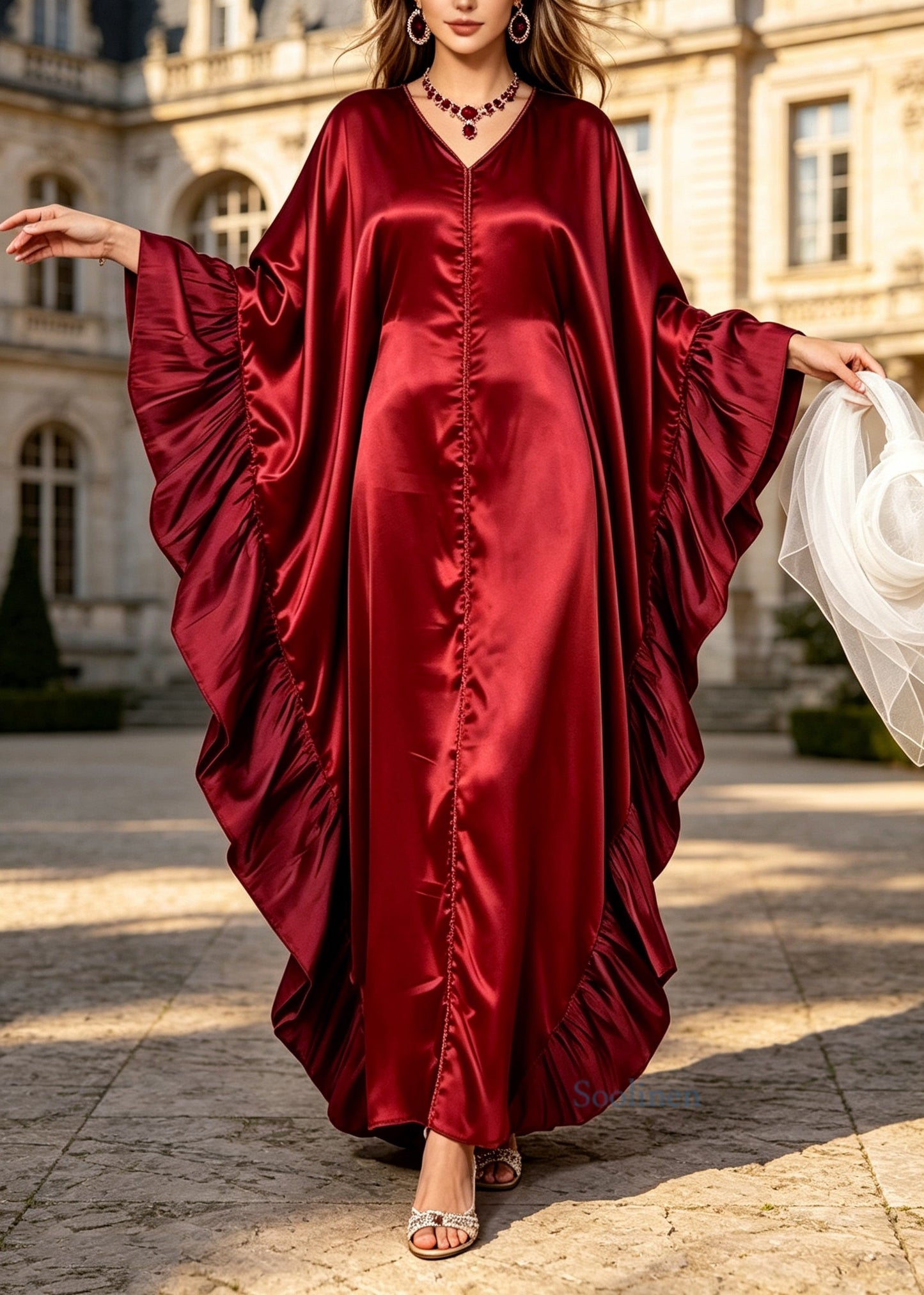 Elegant Red V Neck Ruffled Patchwork Silk Dress Batwing Sleeve