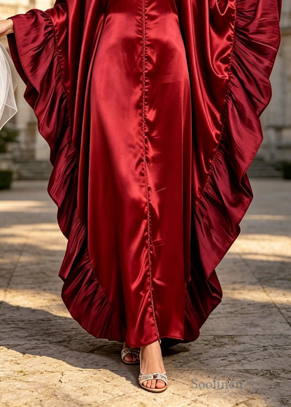 Elegant Red V Neck Ruffled Patchwork Silk Dress Batwing Sleeve