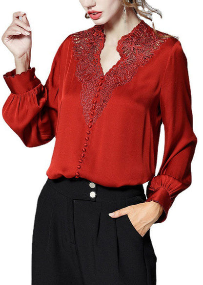 Elegante Rote V-ausschnitt taste Bestickt Patchwork Seide Hemd Top Frühling
