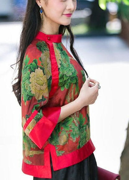 Elegante rote Knopf Stehkragen Druck Seidentops Halbarm